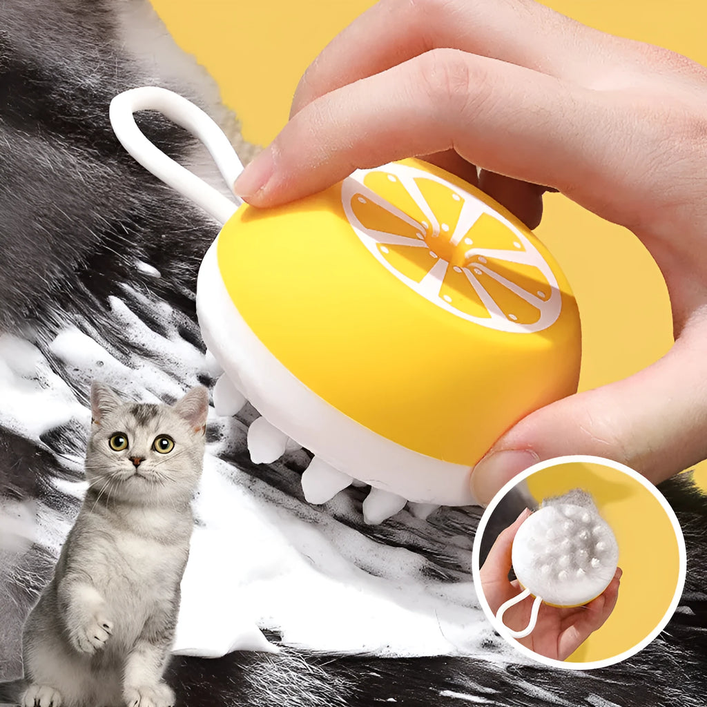 Yellow silicone pet bath brush with massage heads and combed bristles for washing dogs or cats.