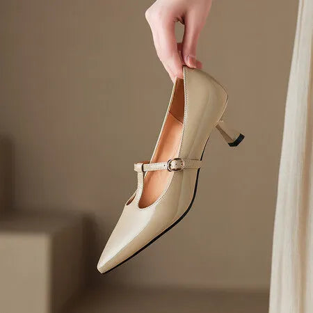 Women's black leather square toe high heel shoes with a 6-8cm heel on a rubber sole.