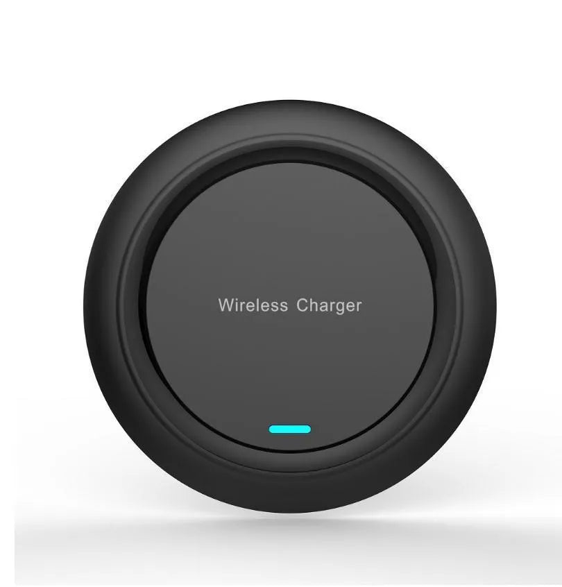 Circular white desktop wireless phone charger showing 10W fast charging capability and 7mm thickness