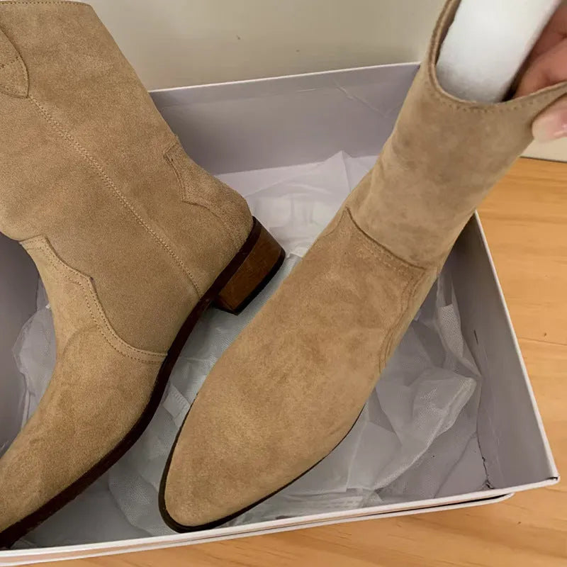 Khaki women's pointed toe chunky heel western cowboy boots with decorative stitching and square toe