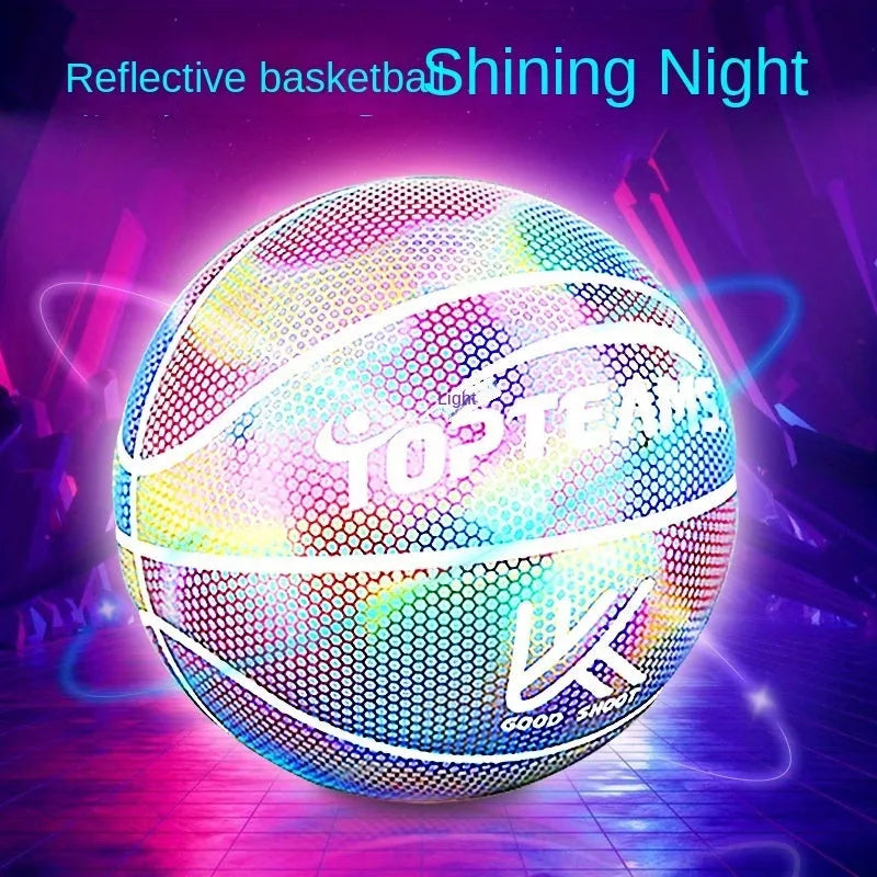 Holographic luminous reflective basketball size 7 with fluorescent design on PU surface