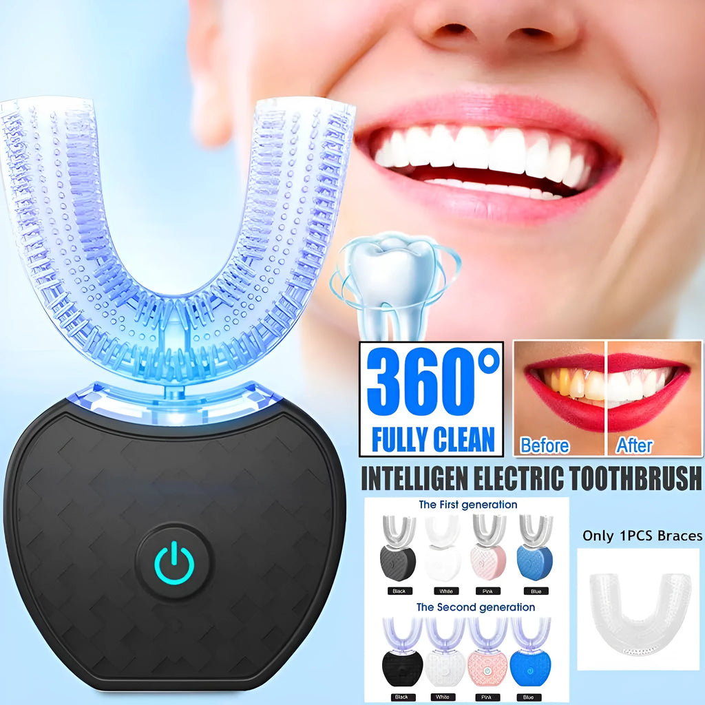 360 degree U-shaped electric toothbrush with blue light, food grade silicone bristles, and USB charging cable