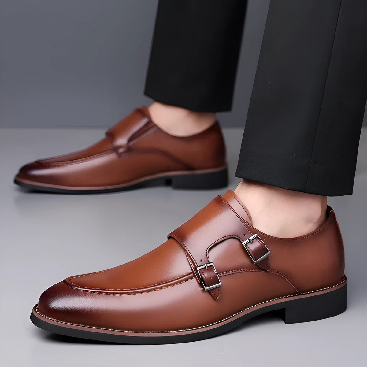 Men's slip-on business shoes in black or brown microfiber leather with pointed toe and rubber sole