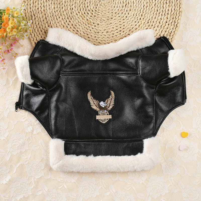 Leather dog jacket for autumn winter pet clothing in black brown or vest styles