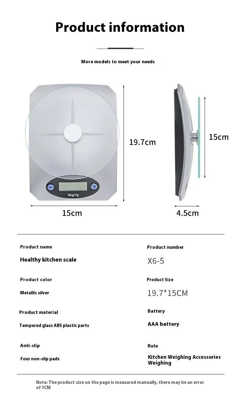Simple mini kitchen electronic scale in silver white colour on a flat surface, showing weighing display.