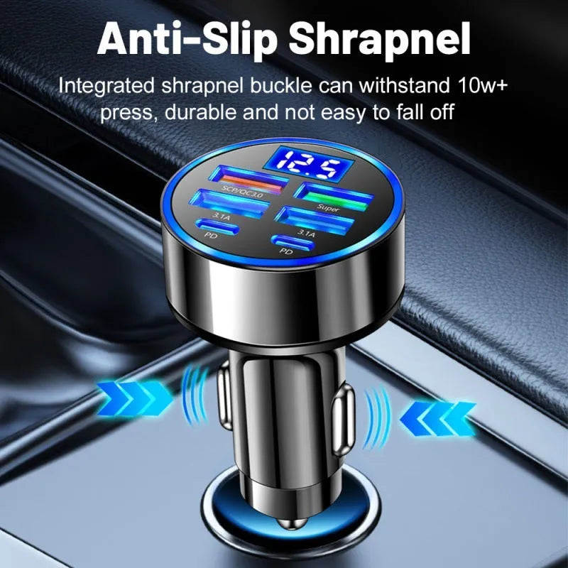 Black 6-port circular car charger with digital display, 4 USB and 2 PD outputs, 27W fast charging