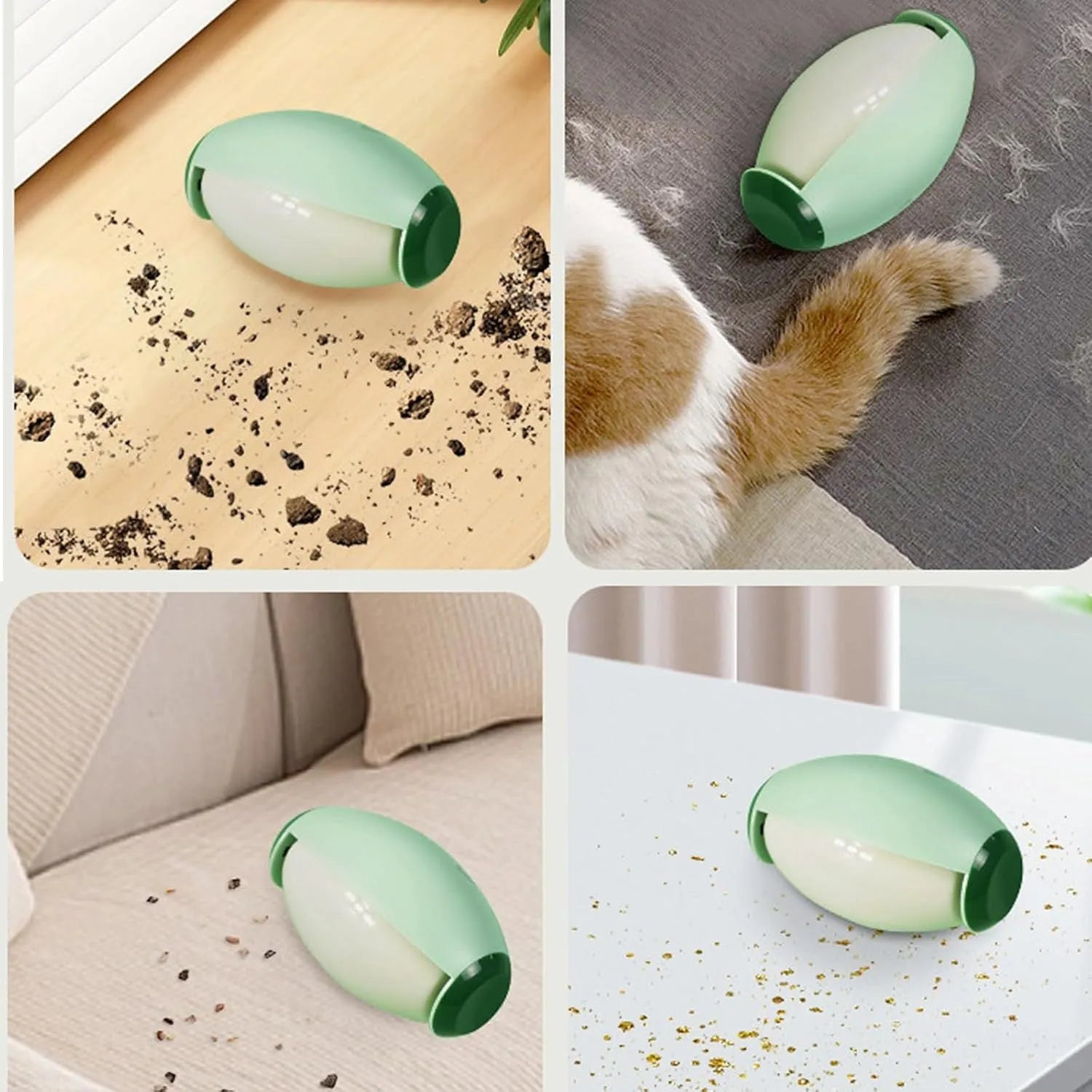 Green washable reusable gel lint roller ball for pet hair removal on fabric.