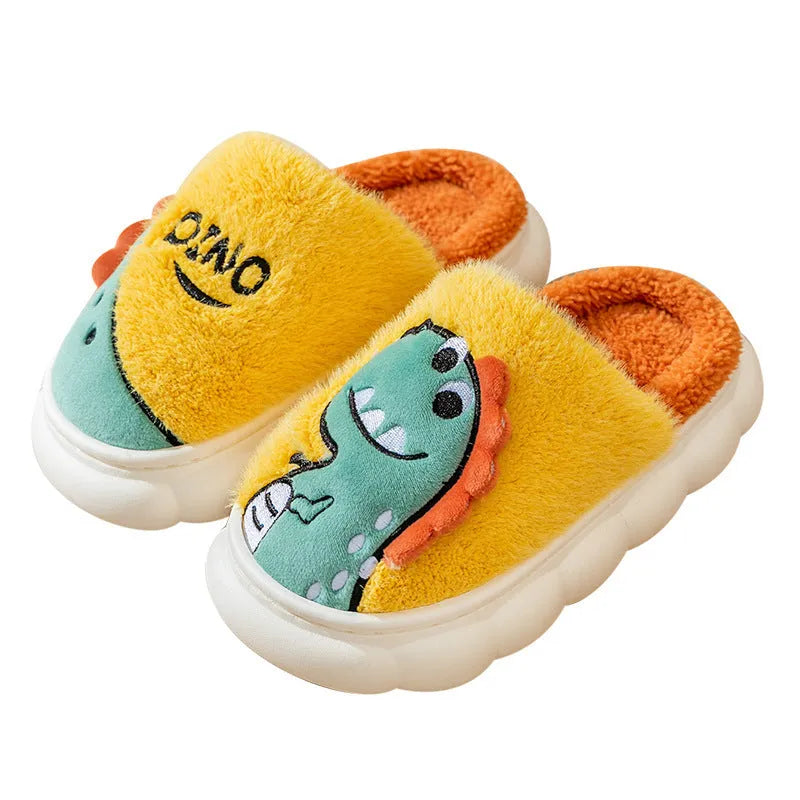 A pair of plush dinosaur-themed slippers for indoor wear, shown in a choice of colours.
