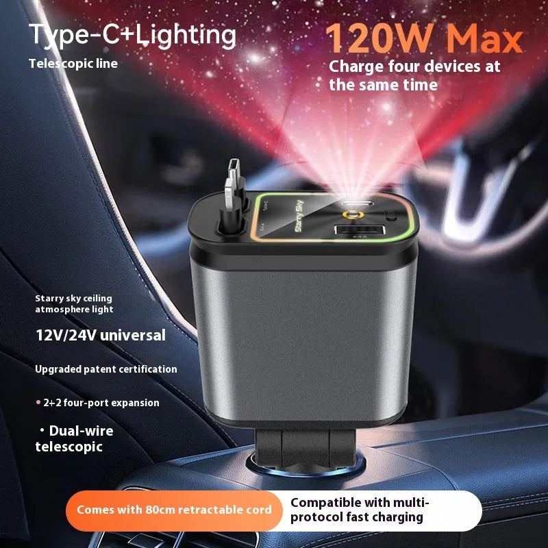 Four-in-one car charger with retractable 80cm cable, starry sky light, USB and Type-C outputs, Black Gray options