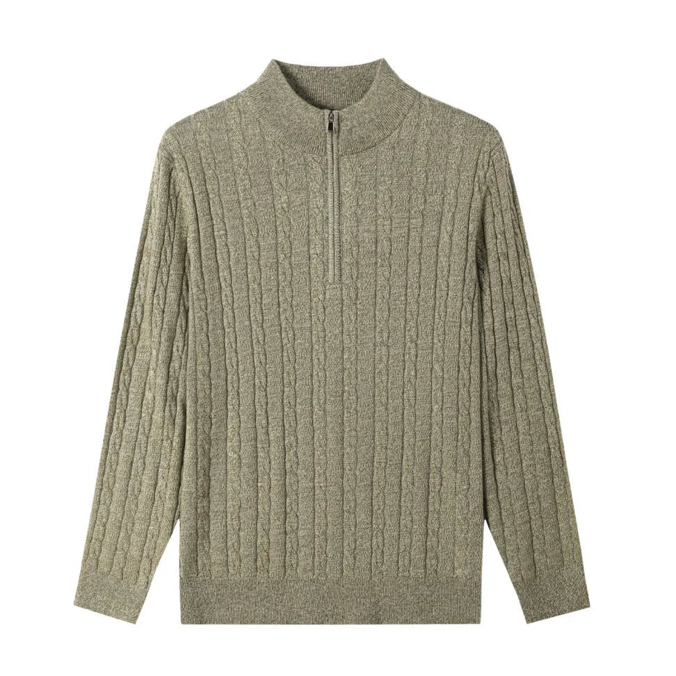 Men's casual wool blend zipper sweater in grass green with stand collar and twisted design
