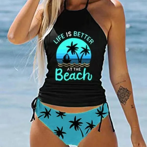 Conservative style women's swimsuit with split-colour printing in polyester fabric