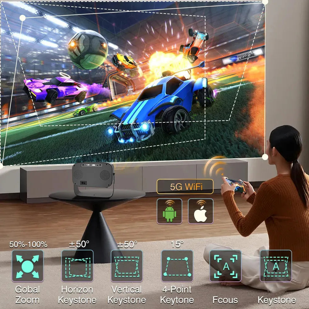 Black portable HD projector with Android system, remote control, and universal power cables