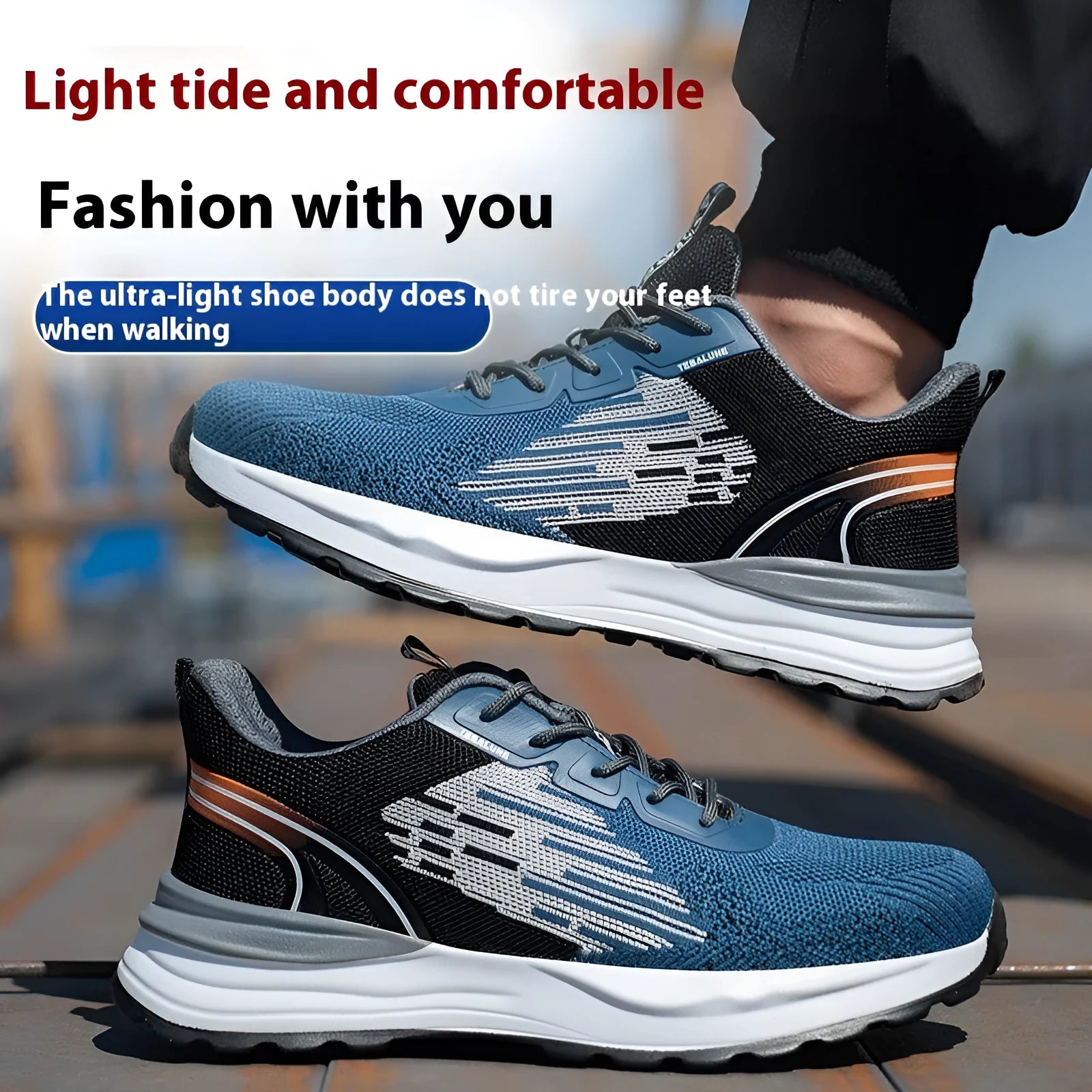 Blue men's safety work shoes with plastic toe cap and Flyknit mesh upper