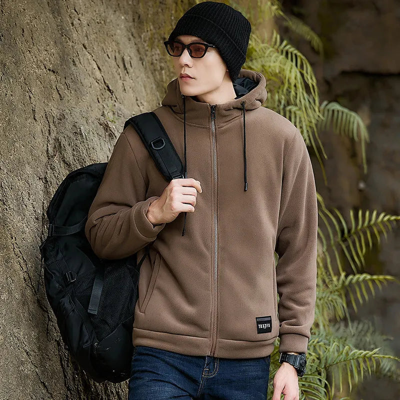 Men's hooded lamb wool jacket loose casual plus size brushed hoody in camel with wool liner and long sleeves