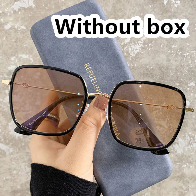Photochromic myopia glasses with large frame, anti-blue light lens, and Black Gold frame colour options