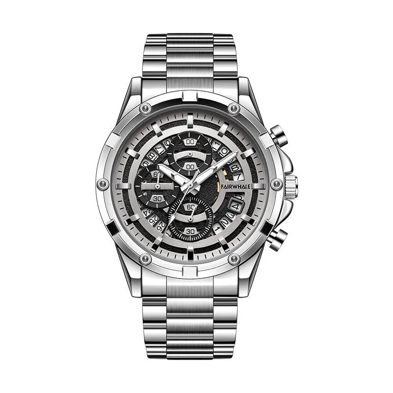 Men's waterproof luminous quartz watch with steel band in black and blue colour option
