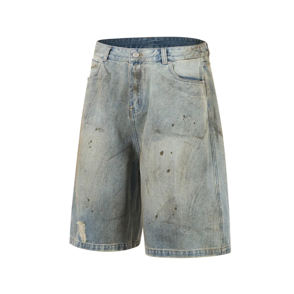 Blue washed straight leg denim trousers showing mid-length cut and zipper fly detail