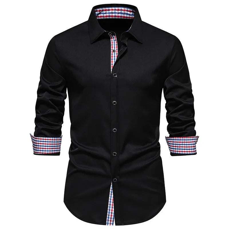 Men's loose fit plaid long-sleeved casual shirt in polyester blend fabric