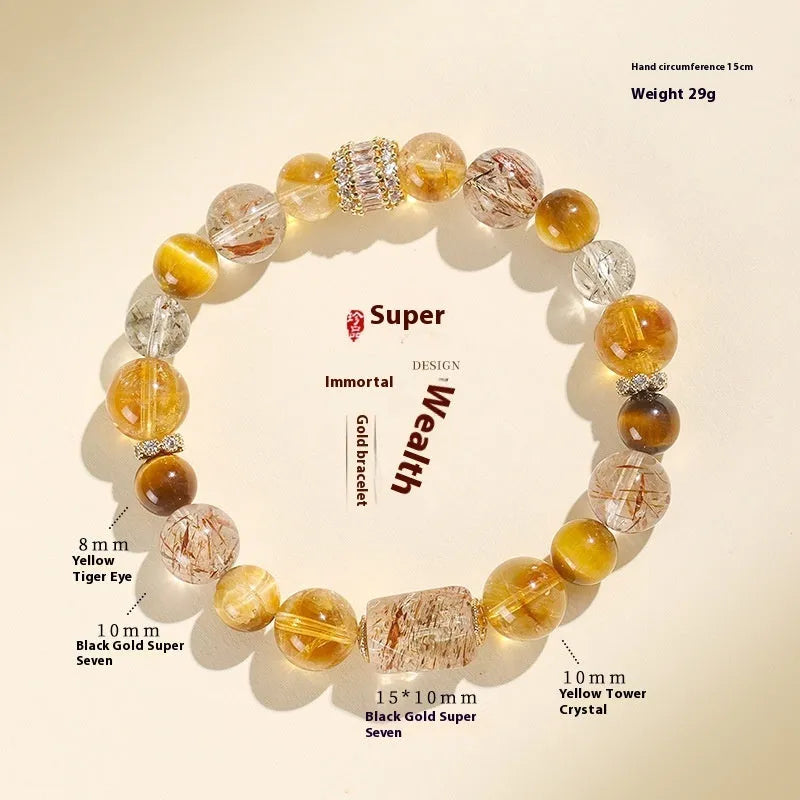 Handmade black and gold string bead bracelet made with natural Duobao crystal.