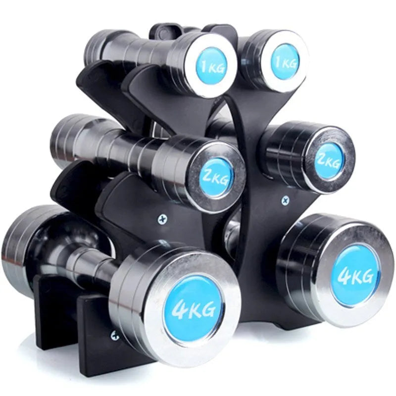White PVC dumbbell storage rack with removable mounting bracket on a clean floor.