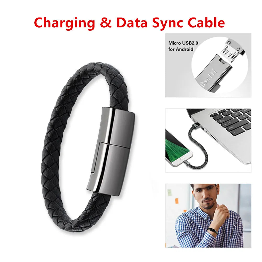 Black braided PU leather bracelet charger USB cable with zinc alloy connector on wrist