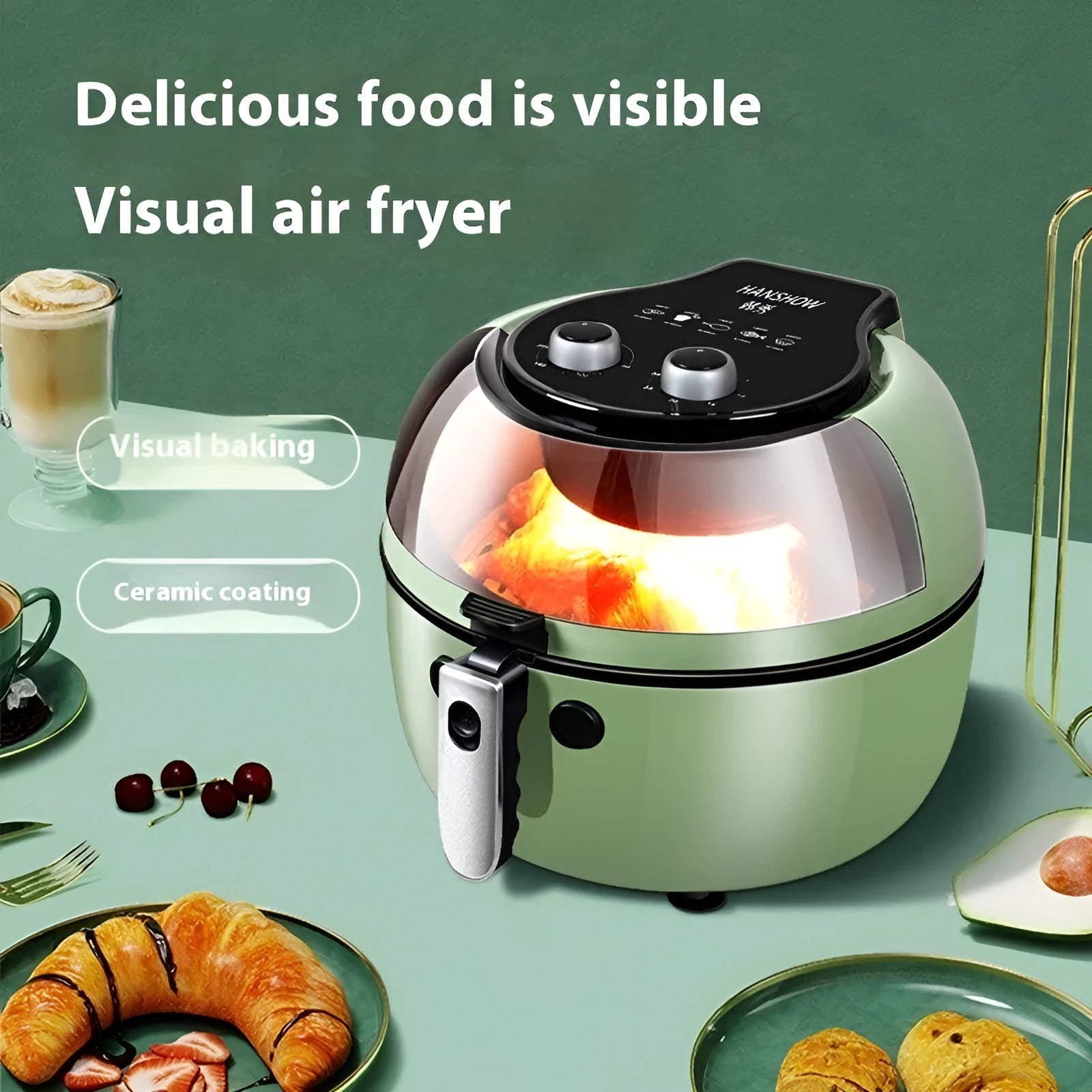 8-litre air fryer oven with visible window and mechanical dial controls on a kitchen counter.