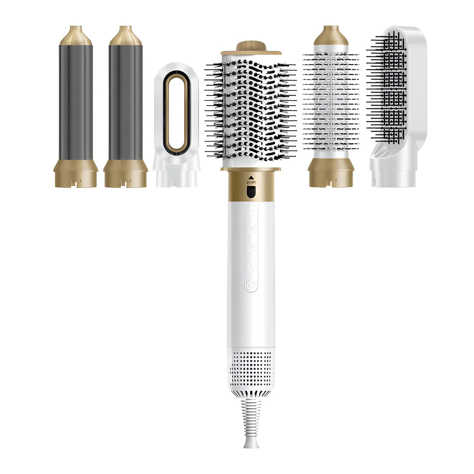 6-in-1 hot air styling comb set with leather case and multiple attachment heads for hair straightening and curling
