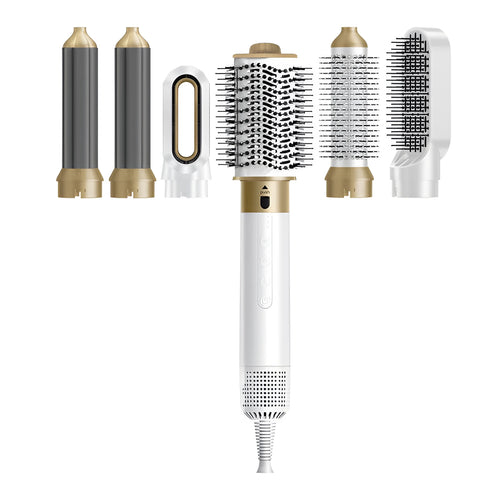 6-in-1 hot air styling comb set with leather case and multiple attachment heads for hair straightening and curling