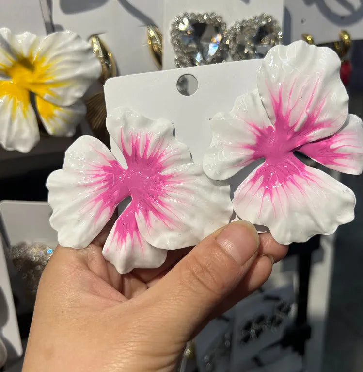 Alloy electroplated flower stud earrings with oil-spot glaze finish in four colour options