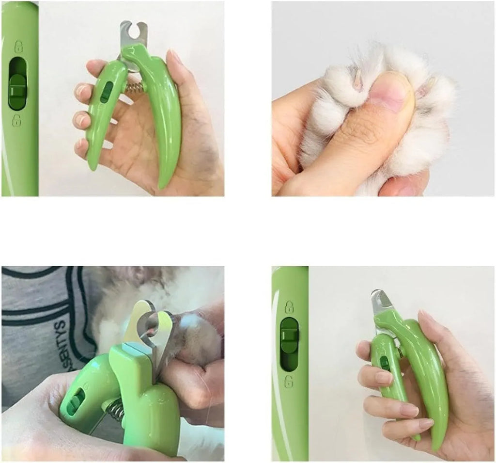 Pet nail clippers with stainless steel blades, anti-splash baffle, and ergonomic handle in green