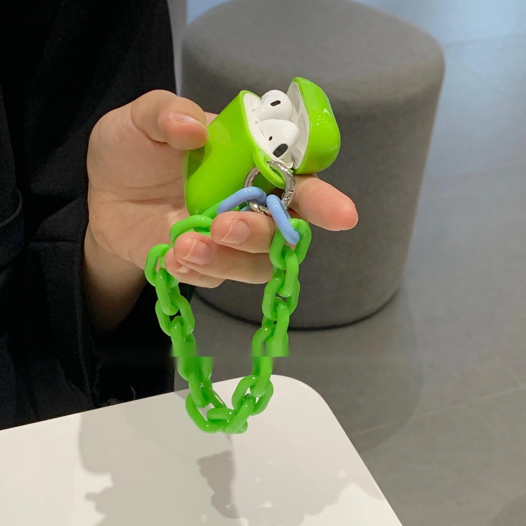 Silicone protective sleeve for AirPods case in green and purple colours with chain earphone shell design