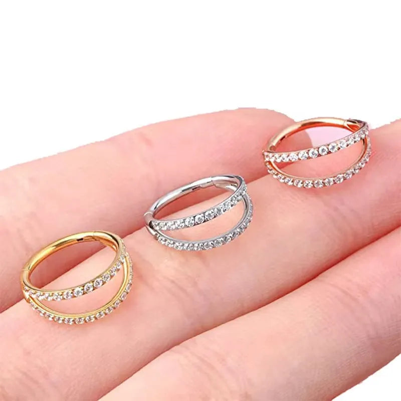 G23 titanium alloy lip ring and nose ring set in steel or gold colour with diamond finish