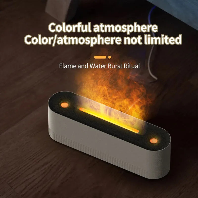 Black or white ultrasonic humidifier and aroma diffuser with LED lights creating flame mist effect.