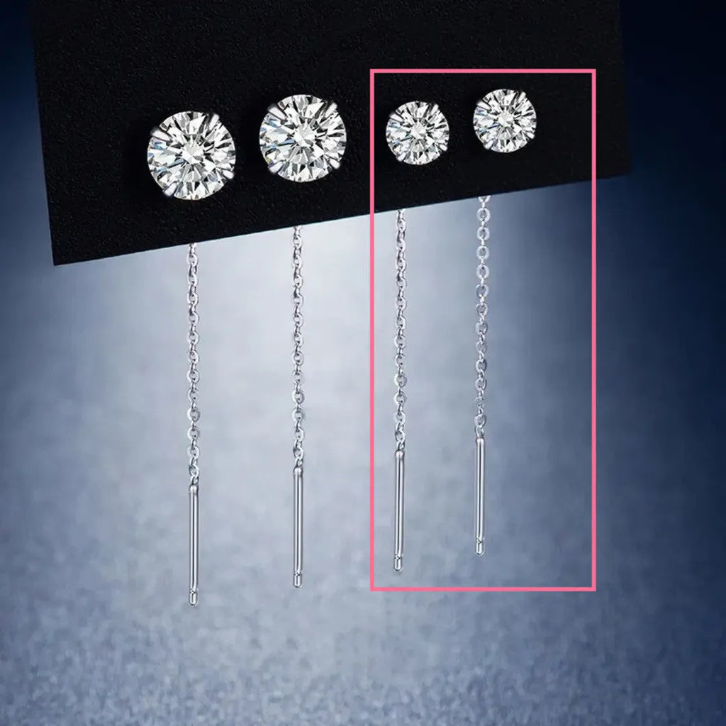 Sterling silver needle ear strings showing twelve hanging earring designs including pearls, clay balls, geometric shapes and zircon styles