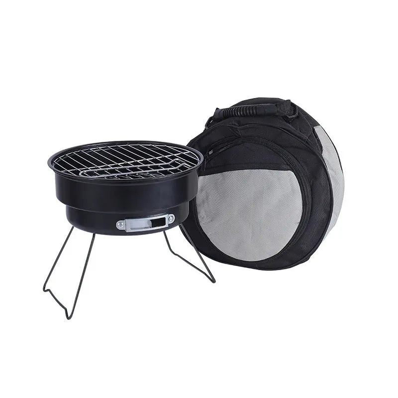 Small folding round ice stove outdoor barbecue grill set with all components displayed