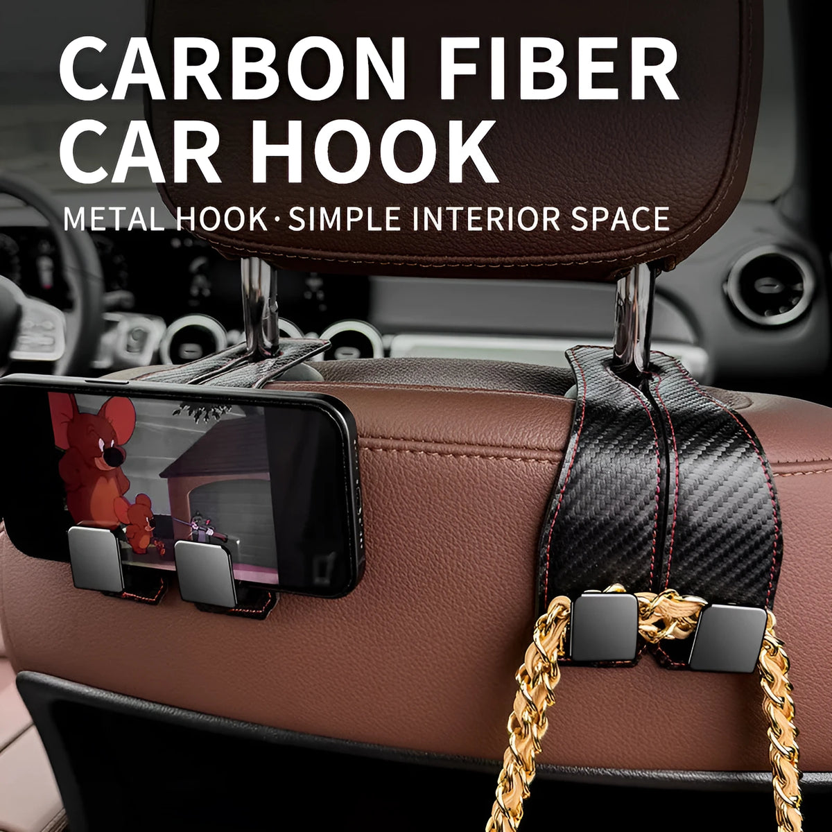 Car seat back hook 25 kg load capacity carbon fibre metal foldable headrest hanger black