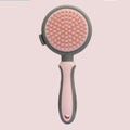 Green and pink double-sided cat brush with release button and a separate flea comb on a white background.