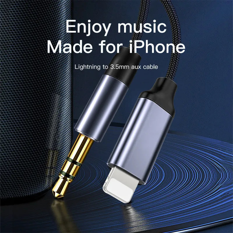 Nylon braided audio cable with 3.5mm jacks in black or silver, showing length options.