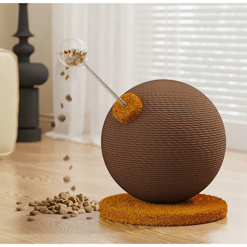 Angled cat scratch board with woven hemp rope surface and a separate round cat toy ball
