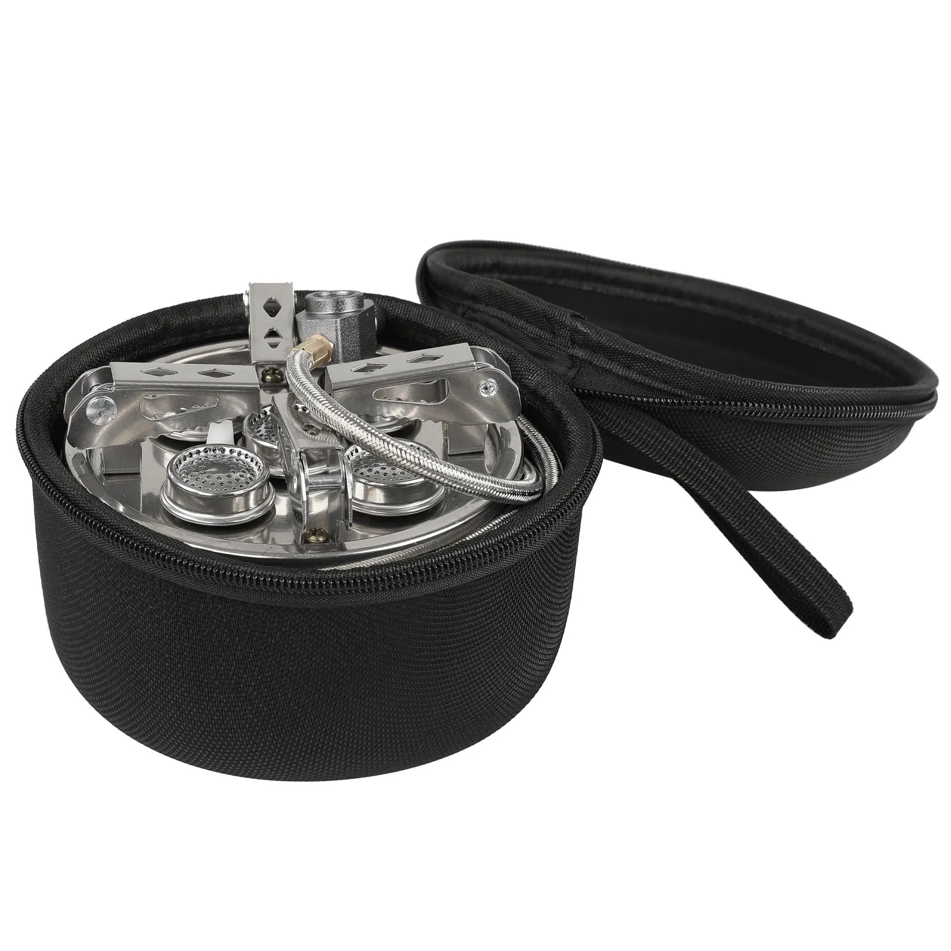 Silver portable foldable stainless steel split stove for outdoor camping and picnics.