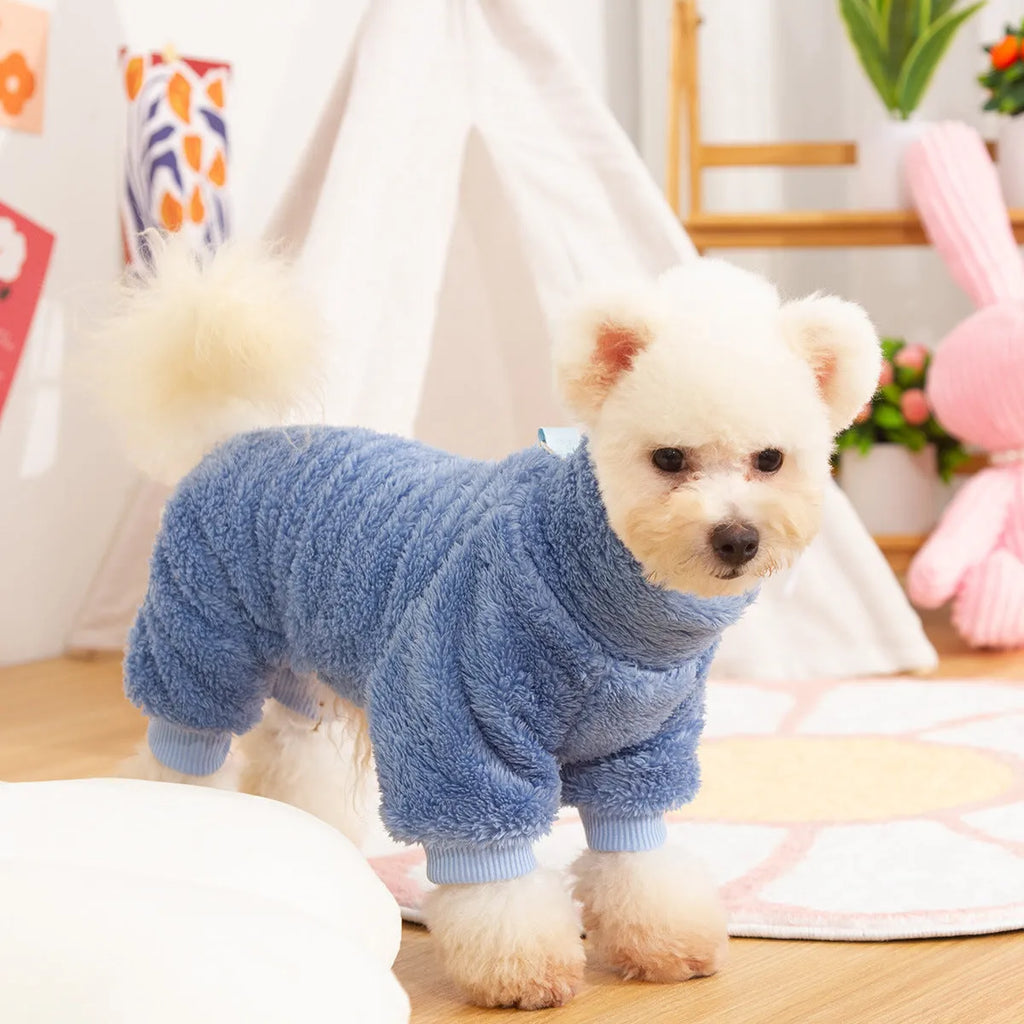 Blue double-sided thick plush four-legged dog clothing with a high collar and a back towing ring.