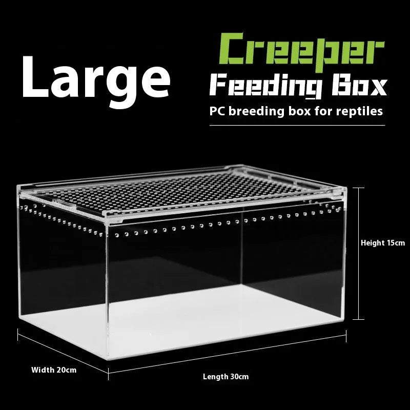 Clear acrylic reptile feeding box showing transparent sides and ventilation, next to a size chart.