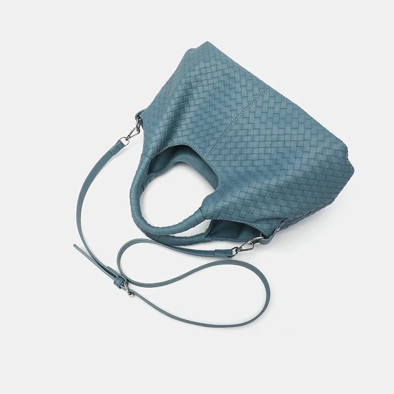 Women's woven large capacity handbag in brown, soft PU material with double shoulder straps and horizontal square shape