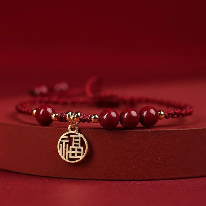 Cinnabar braided rope bracelet with traditional blessing card in ethnic style for unisex wear