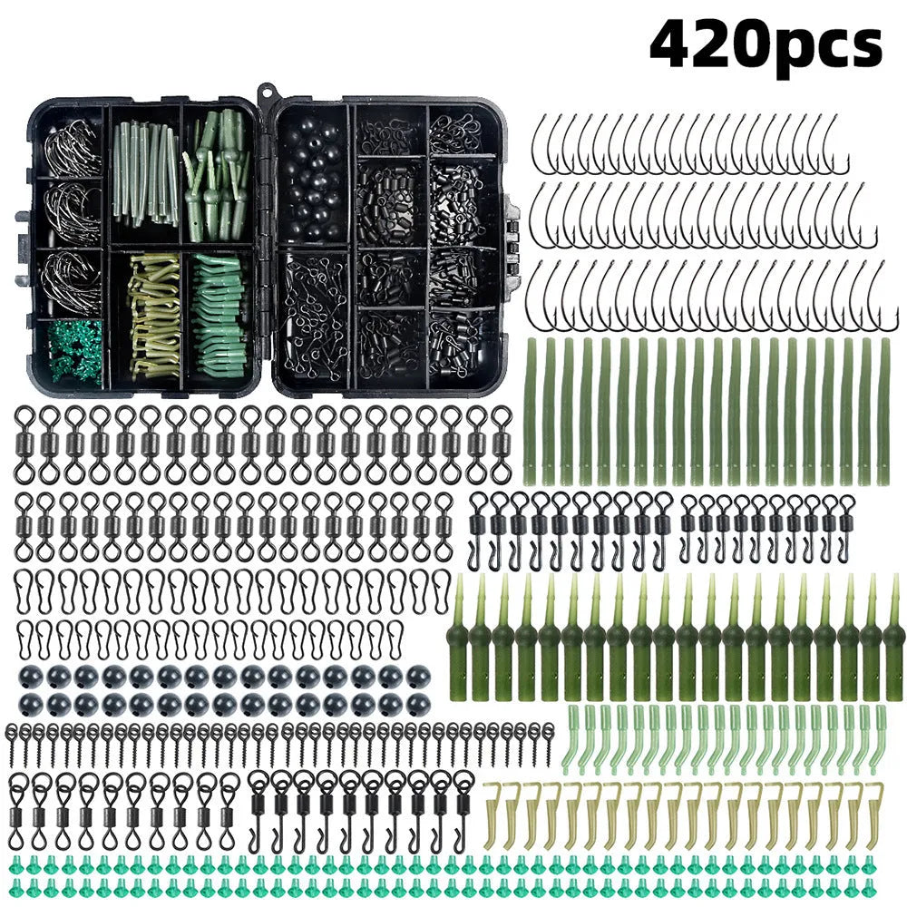Black portable fishing accessory box containing 420 pieces of European carp fishing gear set