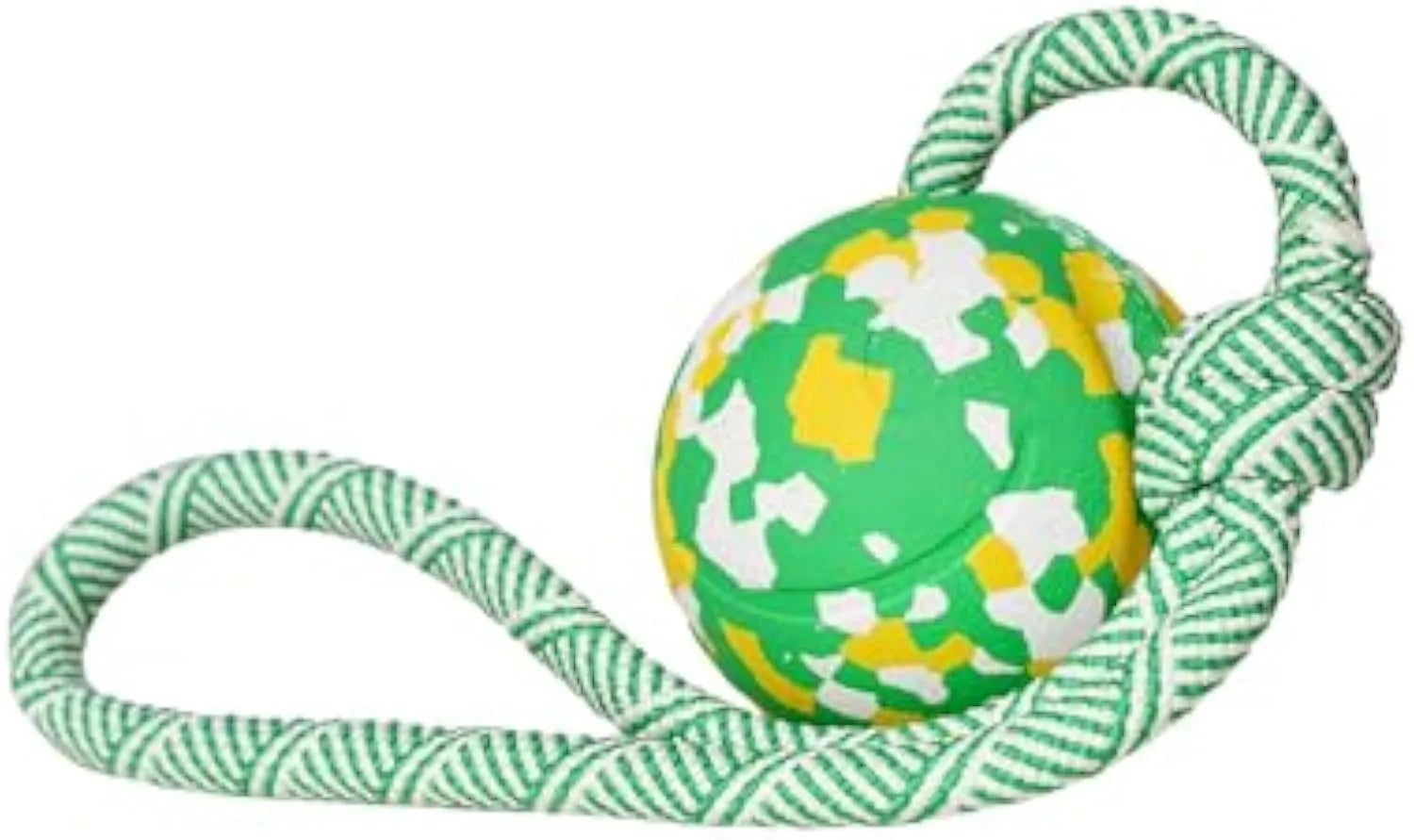 Natural rubber dog ball attached to a blue nylon rope for fetch and tug-of-war games.