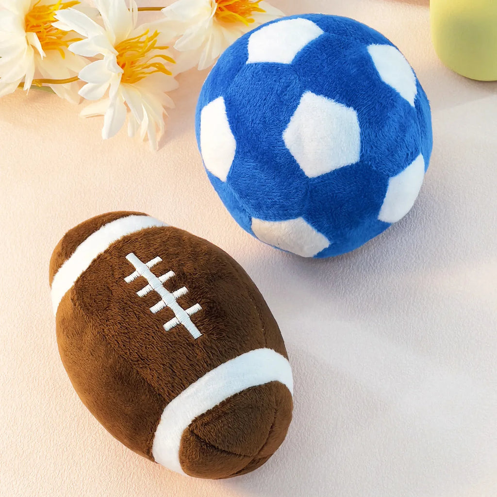Plush football and rugby interactive puppy training toys in two colour options