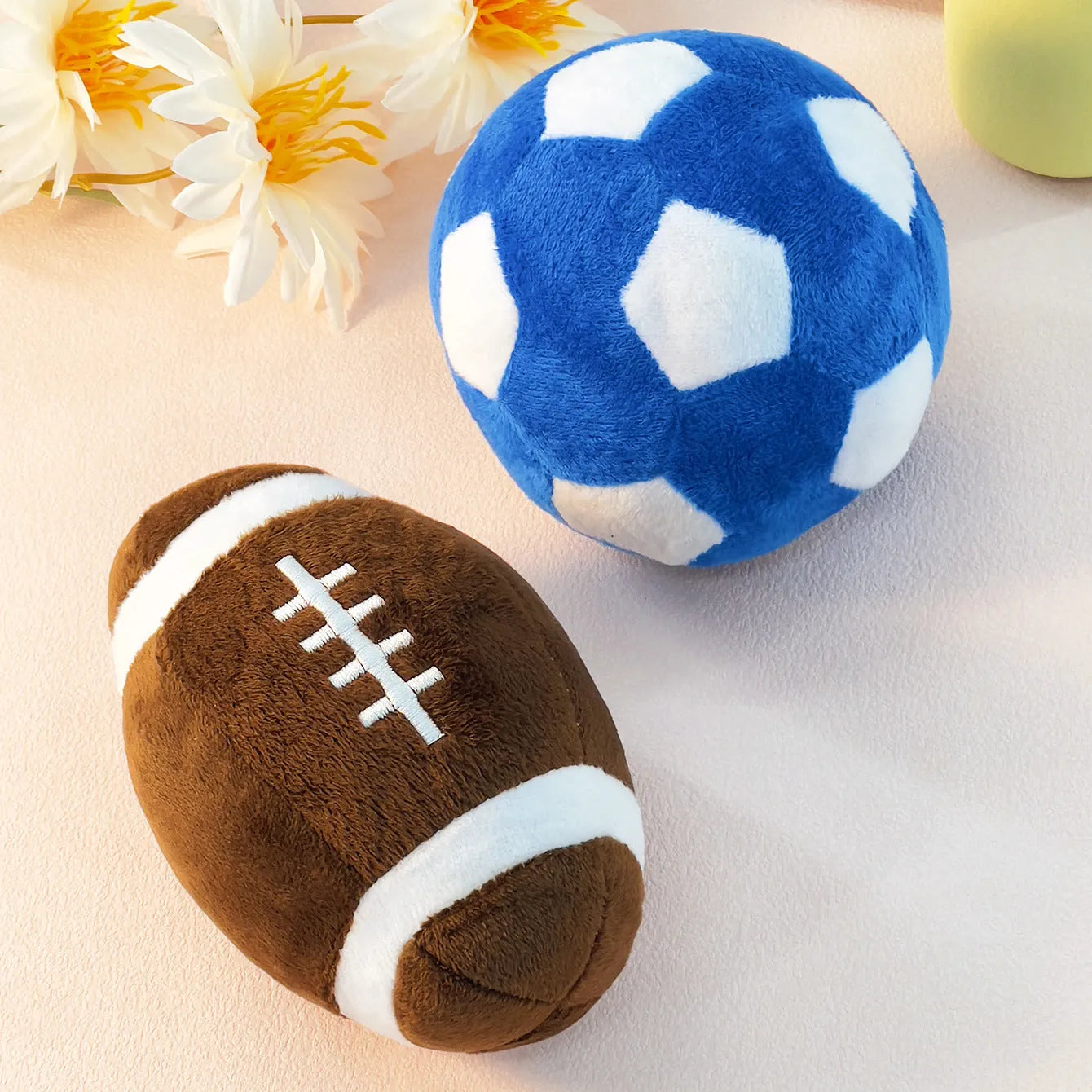 Plush football and rugby interactive puppy training toys in two colour options