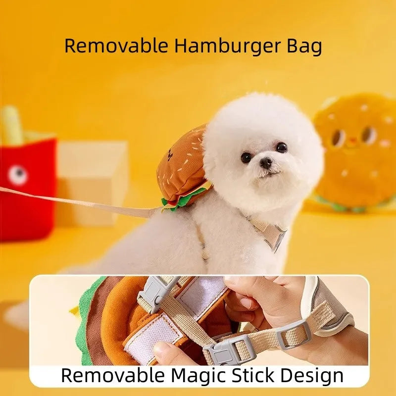 Cute cartoon hamburger print on an adjustable vest-style dog leash and harness.