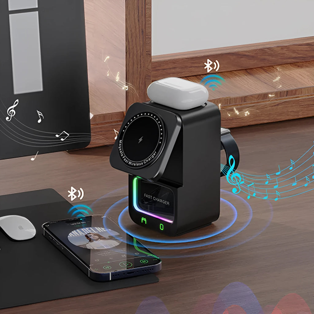 Black and white 5-in-1 Bluetooth speaker with wireless charging station showing magnetic Qi charging area
